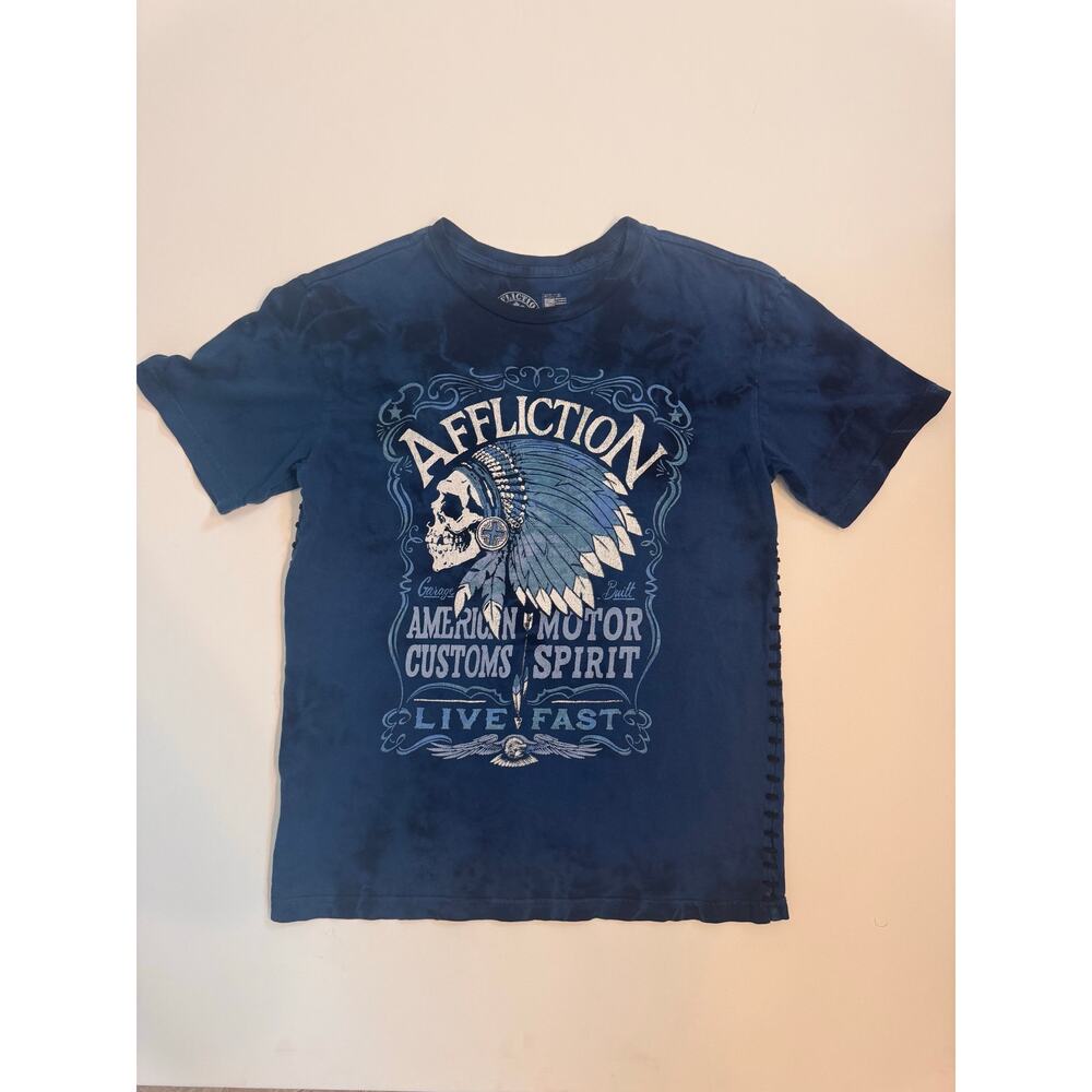 Youth Boys Affliction T-Shirt American Customs Size M Blue Flag Back